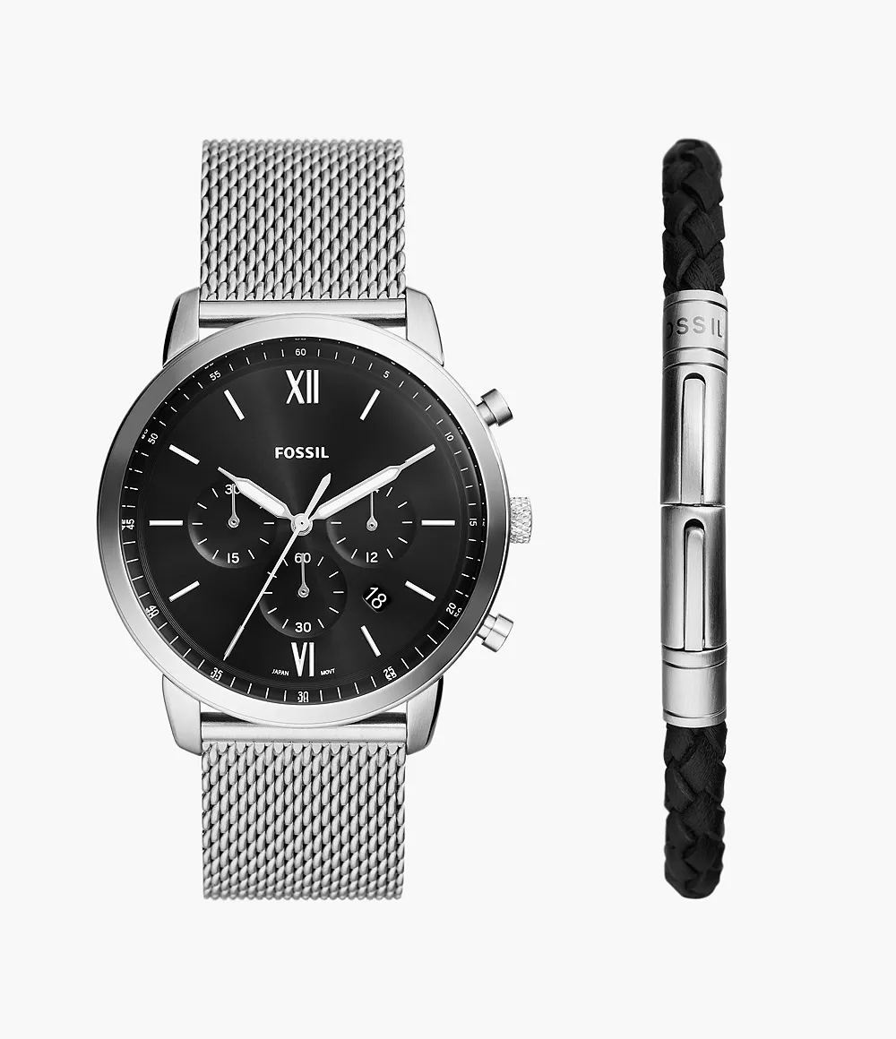 Ensemble fossil avec montre chronographe Neutra et bracelet en mailles d’acier inoxydable Ensemble fossil avec montre chronographe Neutra et bracelet en mailles d’acier inoxydable