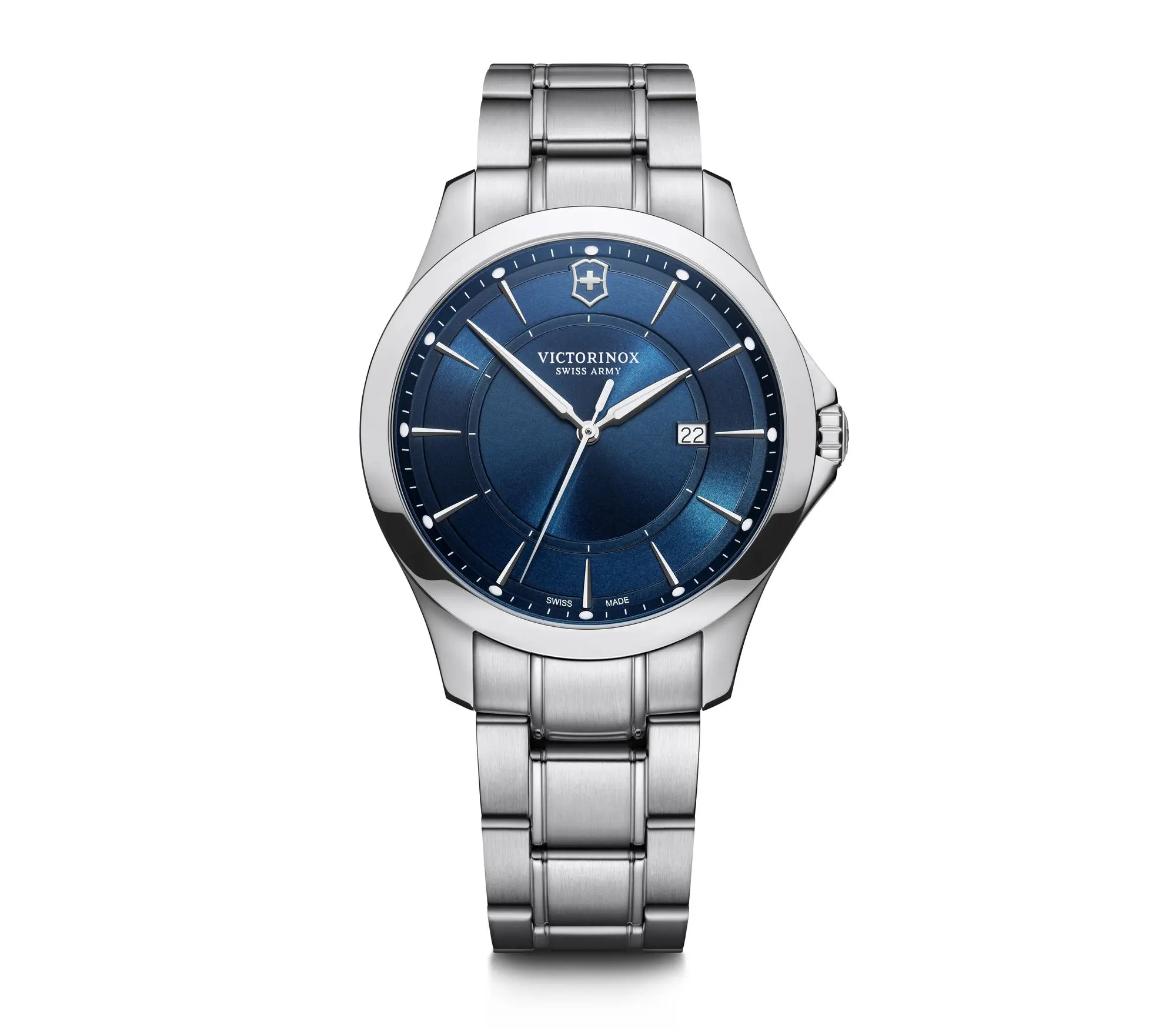 montre victorinox fond bleu bracelet métal