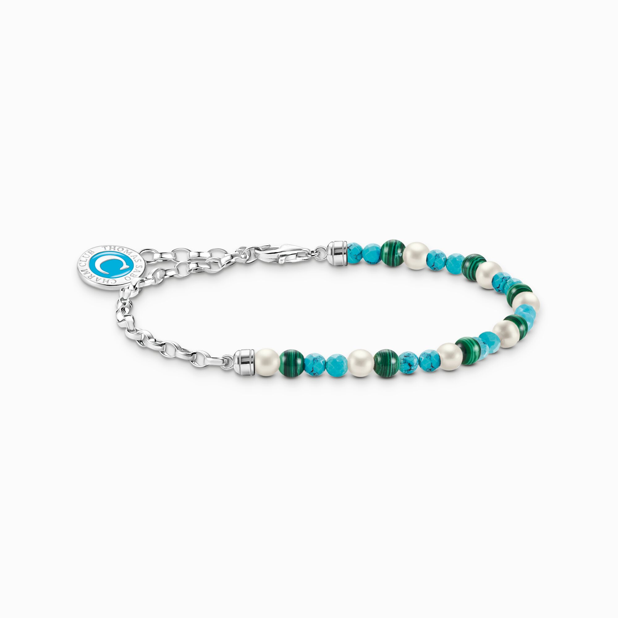 bracelet charm avec perles blanches et malachite en argent