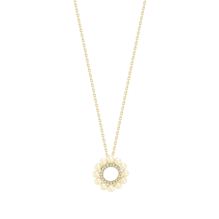 chaine et pendentif or 14kt 0,06ct et perles d'eau douces