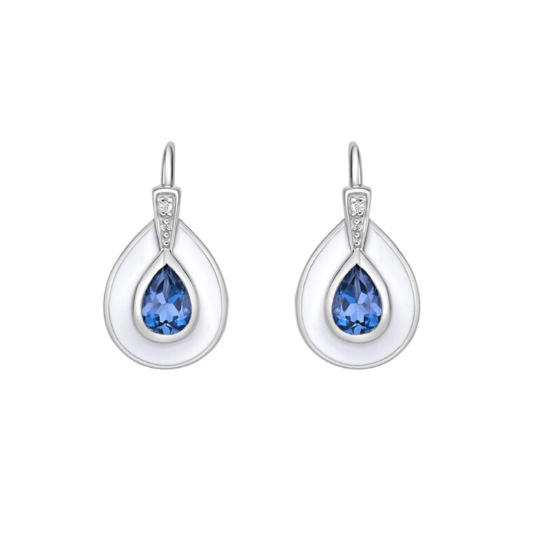 boucles d'oreilles 10kt emaille blanc, top, bleu 0,95ct dia. 0,02ct - ew d0592 bd0 - Karat imports ltd