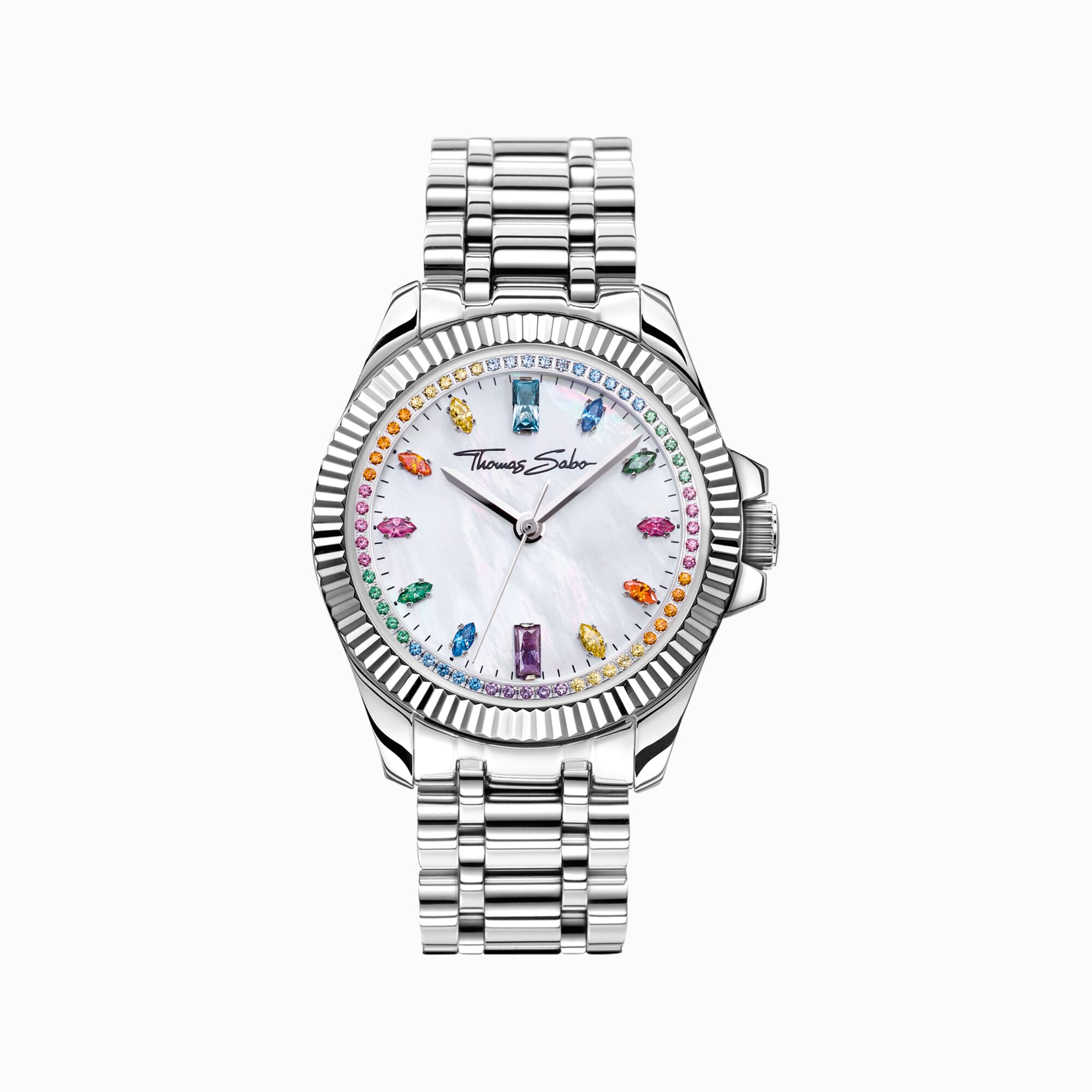 montre femme divine rainbow, placage argenté et gemmes multicolores